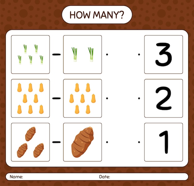 Hoeveel tellen spel met groenten. werkblad voor kleuters, activiteitenblad voor kinderen, afdrukbaar werkblad