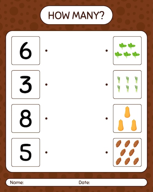 Hoeveel tellen spel met groenten. werkblad voor kleuters, activiteitenblad voor kinderen, afdrukbaar werkblad