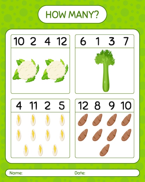 Hoeveel tellen spel met groenten. werkblad voor kleuters, activiteitenblad voor kinderen, afdrukbaar werkblad