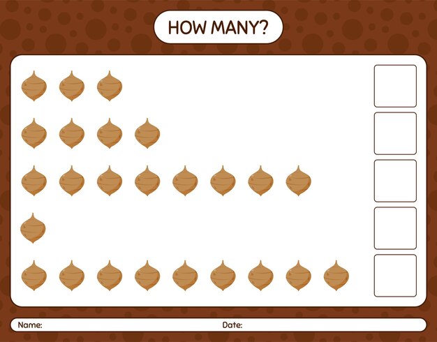 Hoeveel tellen spel met jicama. werkblad voor kleuters, activiteitenblad voor kinderen, afdrukbaar werkblad