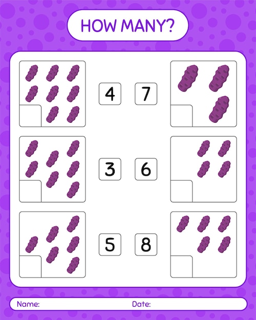 hoeveel tellen spel met paarse taewa. werkblad voor kleuters, activiteitenblad voor kinderen