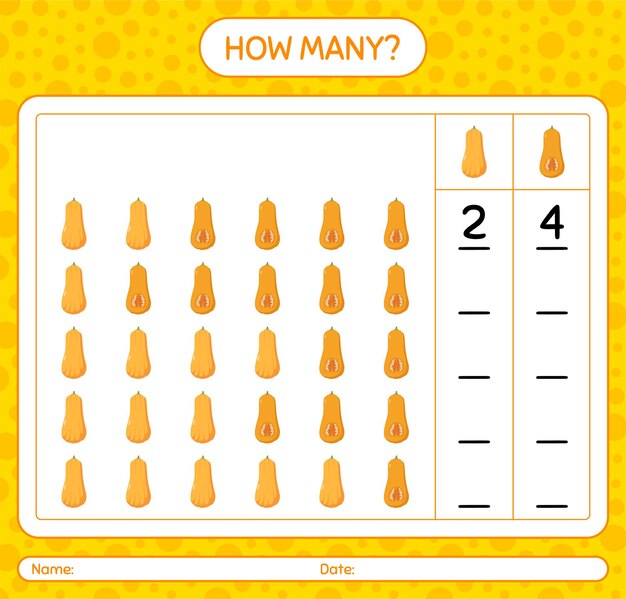 Hoeveel tellen spel met squash. werkblad voor kleuters, activiteitenblad voor kinderen, afdrukbaar werkblad