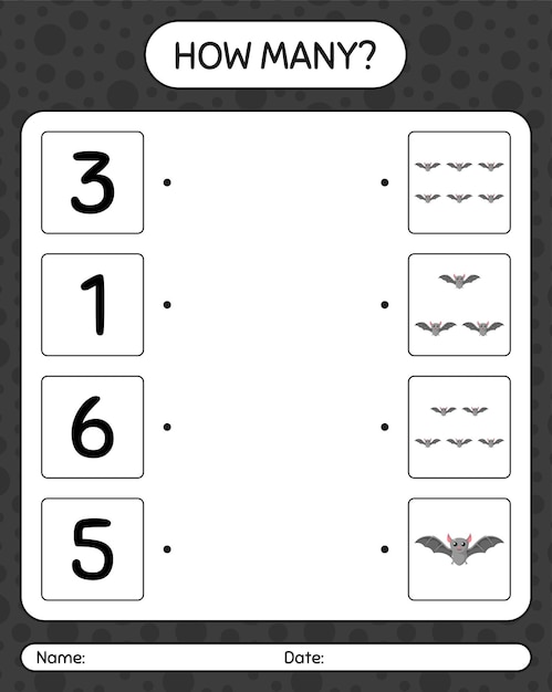 Hoeveel tellen spel met vleermuis. werkblad voor kleuters, activiteitenblad voor kinderen