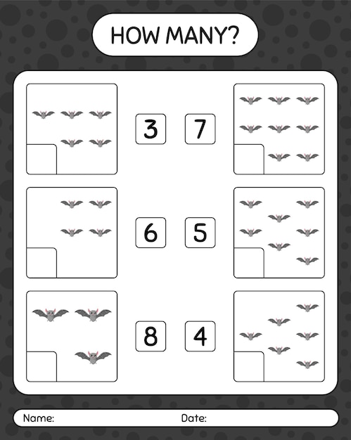 Hoeveel tellen spel met vleermuis. werkblad voor kleuters, activiteitenblad voor kinderen