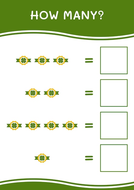 Hoeveel van Clover-badgespel voor kinderen Afdrukbaar werkblad met vectorillustratie?