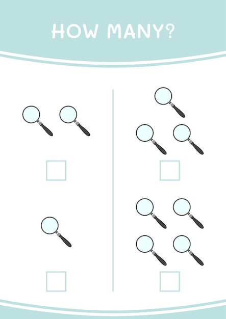 Hoeveel vergrootglasspel voor kinderen Afdrukbaar werkblad met vectorillustratie