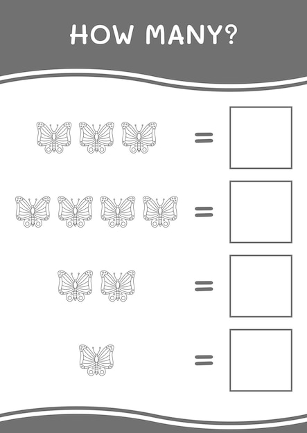 Hoeveel vlinderspel voor kinderen Afdrukbaar werkblad met vectorillustratie