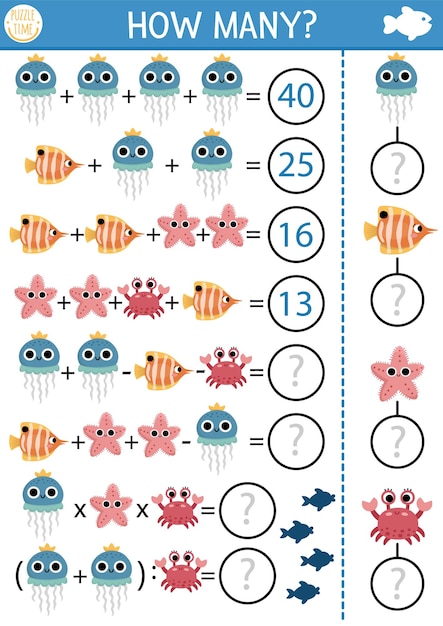 Hoeveel waterdieren spel vergelijking of rebus met onder de zee wiskundige activiteit voor schoolkinderen eenvoudige oceaan leven drukbare tellen werkblad voor kinderen met vis krab sterren zee kwallenxa