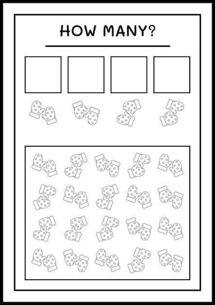 Hoeveel winter wanten, spel voor kinderen. Vectorillustratie, afdrukbaar werkblad