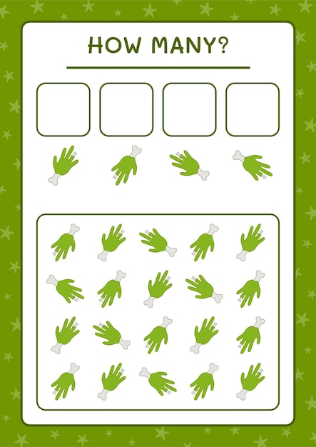 Hoeveel Zombie Hand, spel voor kinderen. Vectorillustratie, afdrukbaar werkblad