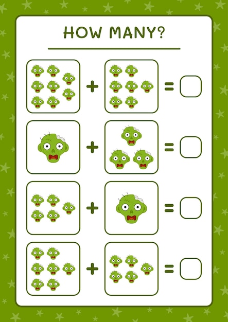 Hoeveel Zombie, spel voor kinderen. Vectorillustratie, afdrukbaar werkblad