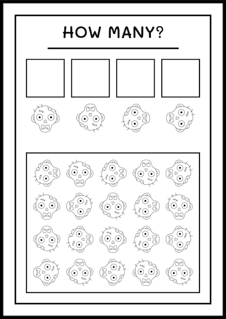 Hoeveel Zombie, spel voor kinderen. Vectorillustratie, afdrukbaar werkblad