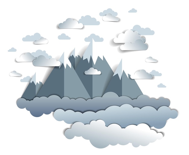 Hoge bergtoppen variëren van een schilderachtig landschap van de zomer met wolken in de lucht, kinderachtige illustratie in papierstijl, vakantie, reizen en toerisme.