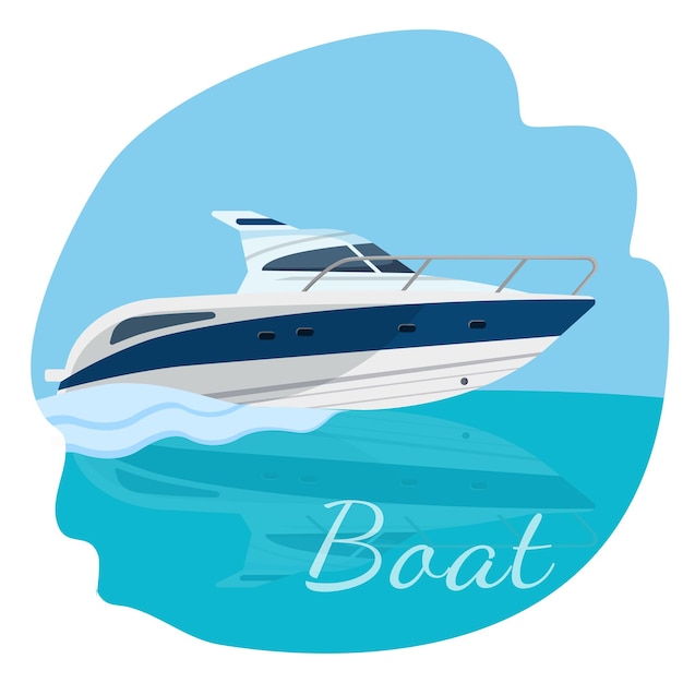 Hoge snelheid motorboot zeilen in de zee vectorillustratie geïsoleerd op blauw. reizen door water concept. modern jacht realistisch ontwerp