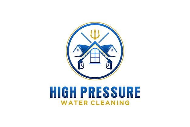 Hogedrukreiniger pistool logo ontwerp waternevel power wash illustratie huis schoonmaakservice