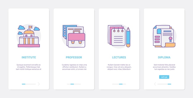 Hoger onderwijsstudie ux ui onboarding mobiele app-paginascherm met lijnsymbolen