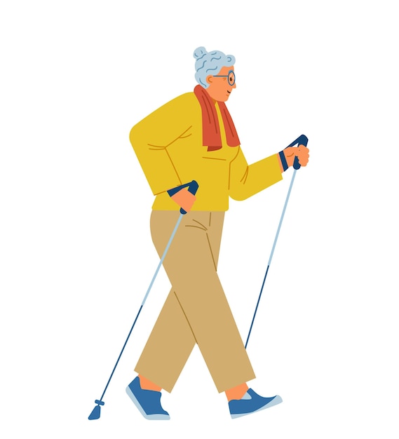 Hogere vrouw die met stokken loopt. nordic-walking.