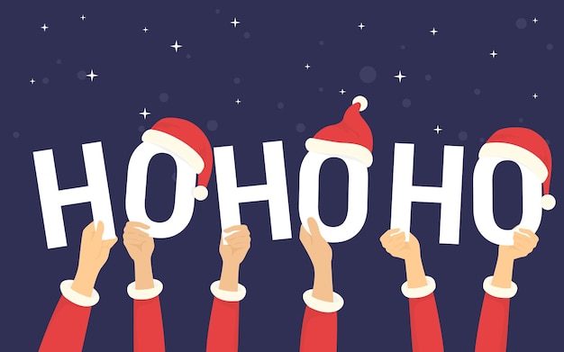 벡터 크리스마스 축하를 위한 크리스마스 모자가 있는 hohoho 편지와 휴일을 축하하는 행복한 사람들의 인사말 개념 벡터 삽화. 평평한 인간의 손이 검은 배경에 호호호 문자를 들고 있다