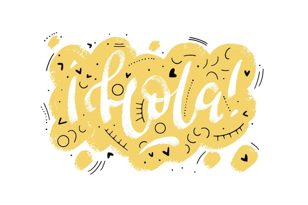 Hola word which means hello in spanish speech bubble icon with thin linear elements around hand drawn lettering design for stickers banners cards