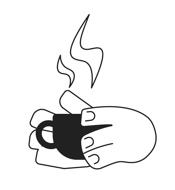 Holding coffee cup cartoon hands outline illustration Mug beverage Cup of tea breakfast 2D isolated black and white vector image Break time Holding coffee mug flat monochromatic drawing clip art