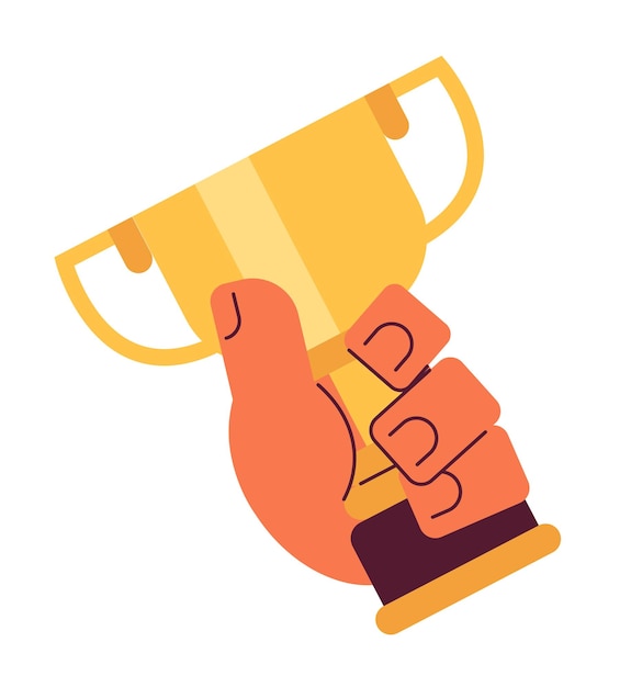 holding golden cup award semi flat colour vector hand prize trophy for championship editable cartoon clip art icon on white background simple spot illustration for web graphic design