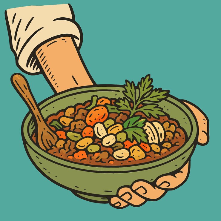 Vector holding hearty vegetable stew in bowl with wooden spoon ready to eat