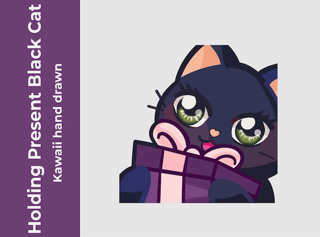 Holding present black kawaii cute cat stiker emote