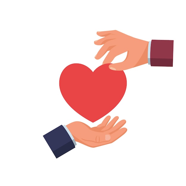 Вектор Красное сердце в руках - символ милосердия, любви, искренности, передавая красное сердце из руки в руку.