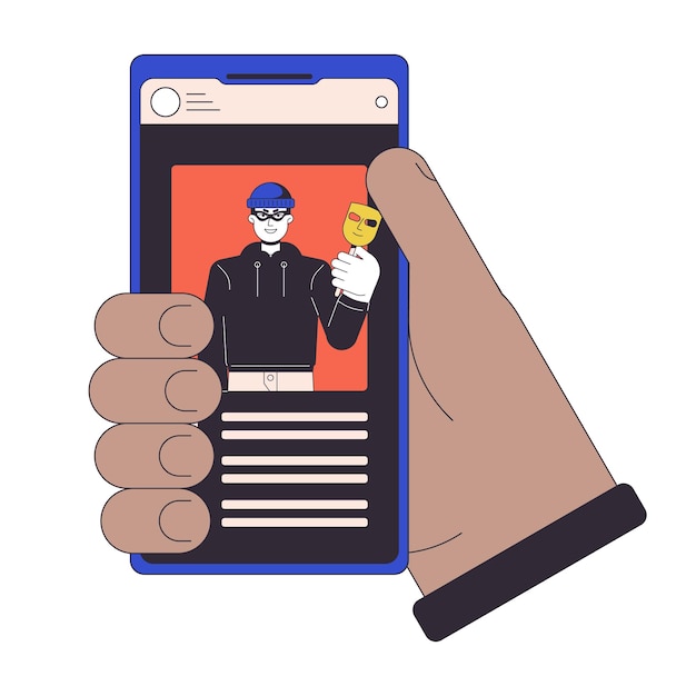 スマートフォンのフラット ラインの概念ベクトル スポット イラストを保持しています。アイデンティティを盗むサイバー泥棒 2d 漫画のアウトラインは、web ui デザイン用の白に手します。サイバー犯罪編集可能な分離色のヒーロー画像