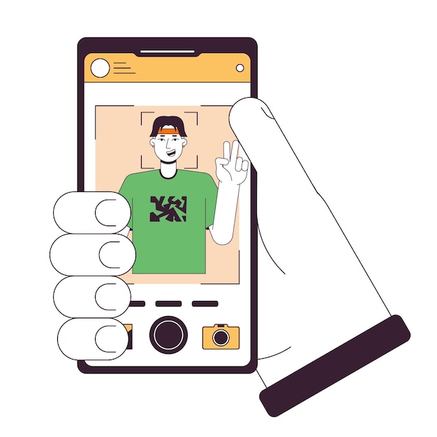 写真フラット ライン コンセプト ベクトル スポット イラストでスマートフォンを保持しています。写真を撮る Selfie 2D 漫画のアウトラインは、Web UI デザイン編集可能な分離色のヒーロー イメージの白に手します。