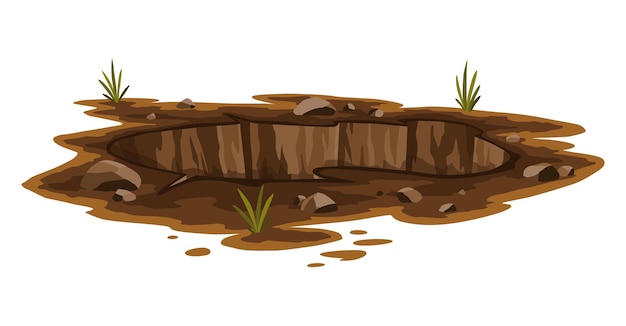 Hole ground entrance underground big crack or ruin dirty dark entrance detailed drawing in cartoon style ground hole deep pit with grass and stones cartoon den of wild animal