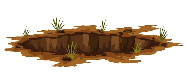 구멍 땅 모래 석탄 폐석 또는 자갈을 파는 작업 풍경의 갈색 건조 광산 요소 만화 그림