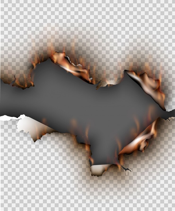 Vector hole torn in ripped paper with burnt and flame on transparent background