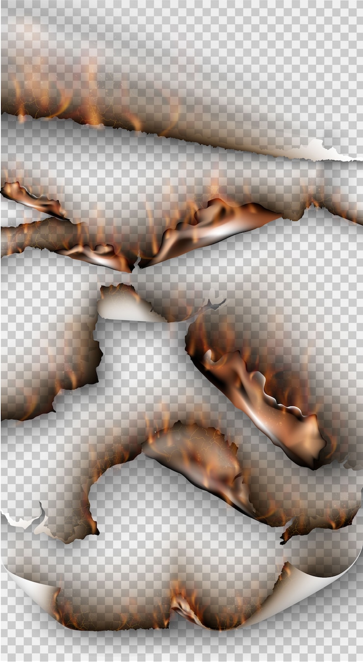 Vector hole torn in ripped paper with burnt and flame on transparent background