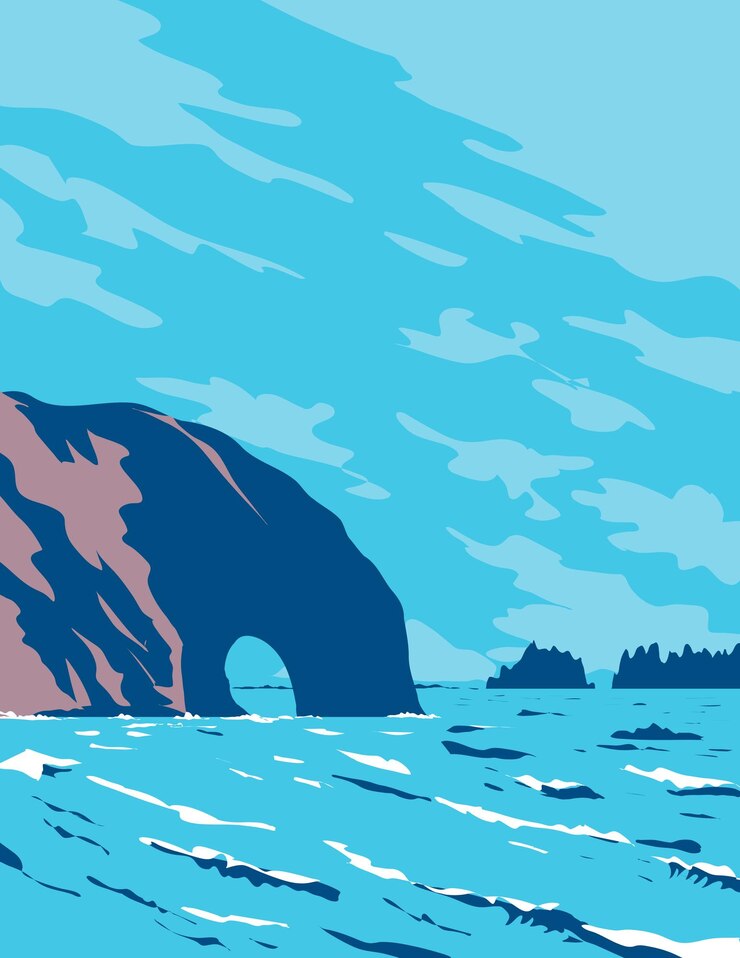 वेक्टर hole in the wall in rialto beach olympic national park washington state wpa poster art
