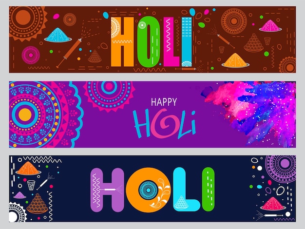 Banner di celebrazione di holi o design dell'intestazione in tre opzioni di colore