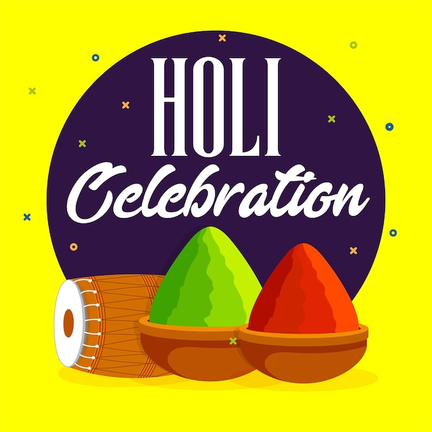 Holi celebration card with dhol and gulaal