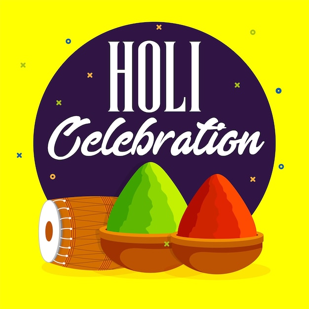 Holi Celebration card with dhol and gulaal