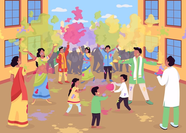 Vettore illustrazione di colore piatto di celebrazione di holi. evento religioso tradizionale in india. le persone giocano con la vernice in polvere. festival indù. personaggi dei cartoni animati indiani 2d con paesaggio sullo sfondo