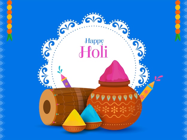 Holi celebration theme with color pot and color bowl color gun holi mandala background