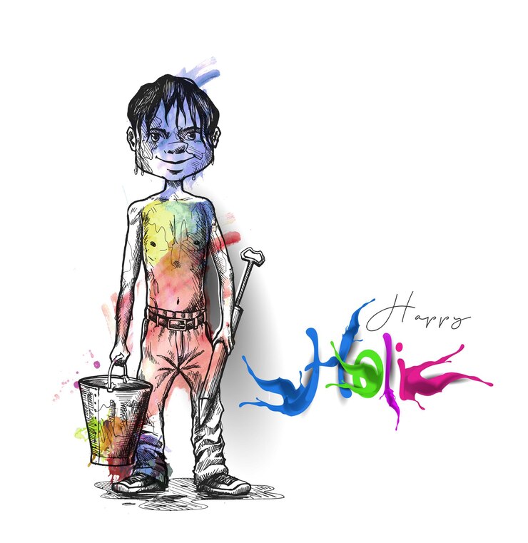 वेक्टर holi celebrations banner - boy playing holi with gun of pichkari, vector illustration.