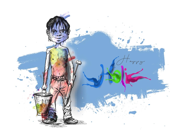 वेक्टर holi celebrations banner - boy playing holi with gun of pichkari, vector illustration.