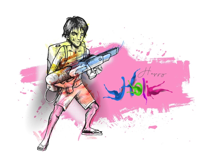 Vector holi celebrations banner - boy playing holi with gun of pichkari, vector illustration.
