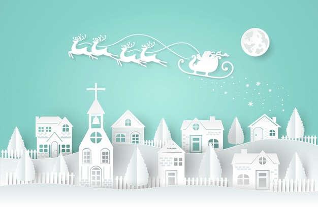 Holi​day, Christmas, Paper​ cut​ style.​ Santa​ claus​ and​ deers​ are​ running​ and​ flying​ on​ the​ sky.