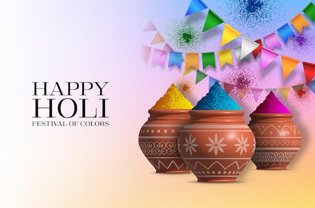 holi festival background. indian colors festival with colorful gulal and pennants