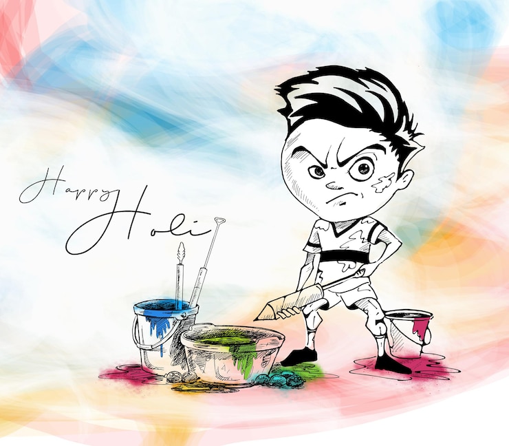 वेक्टर holi festival celebrations - a boy playing holi, hand drawn sketch vector background.