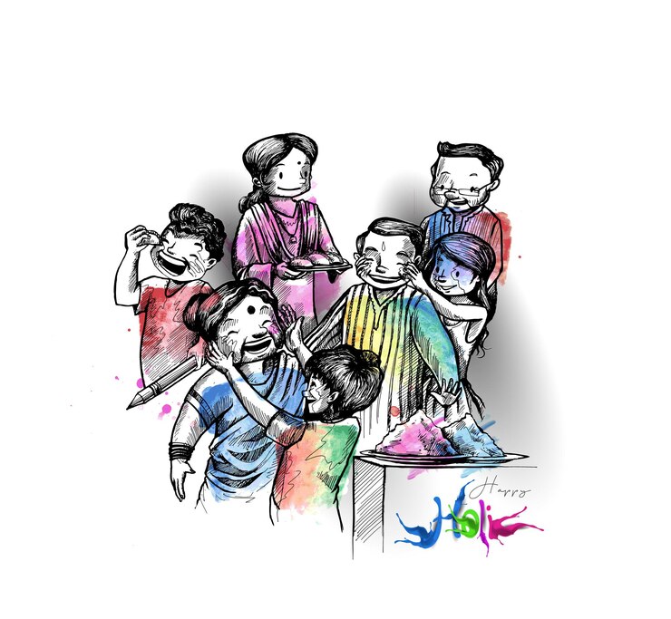 Vector holi festival celebrations woman playing on a dhol with splash of color  vector background