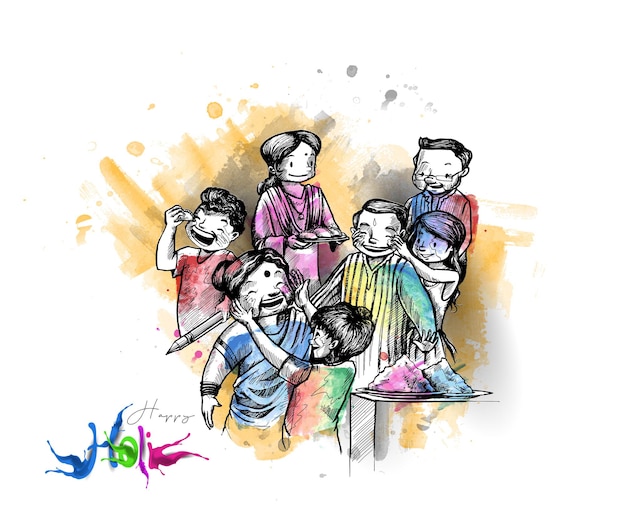 Celebrazioni del festival di holi donna che gioca su un dhol con spruzzi di colore - sfondo vettoriale.