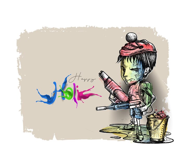 वेक्टर holi festival celebrations woman playing on a dhol with splash of color - vector background.