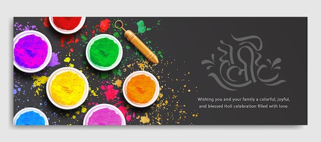 Holi festival creative cover banner concept bouls of gulal powder on black and colorful abir spread